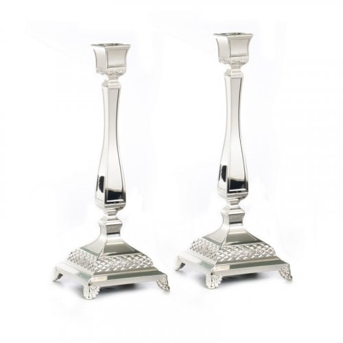 Tall Silver Plated Classic Square Candlesticks, Diamond Design - 14.1