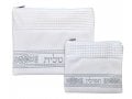 Tallit and Tefillin Bag Set, Off-White Faux Leather - Silver Embroidery