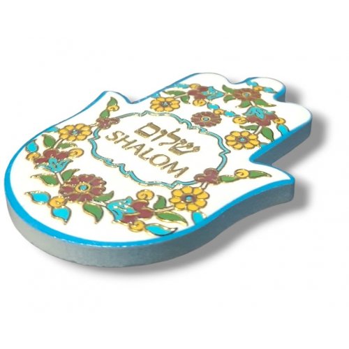 Textured Ceramic Hamsa Magnet, Shalom in Hebrew and English  Floral Frame