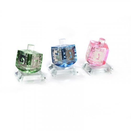 Three Colorful Crystal Glass No-Fall Dreidels on Base - Silver Sides