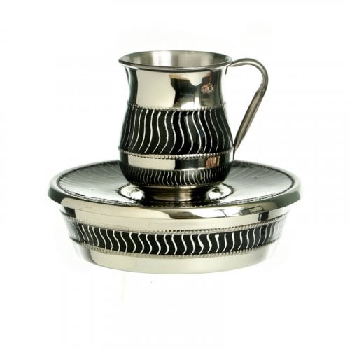 Three Piece Mayim Achronim Set, Silver Stainless Steel and Black Enamel Waves