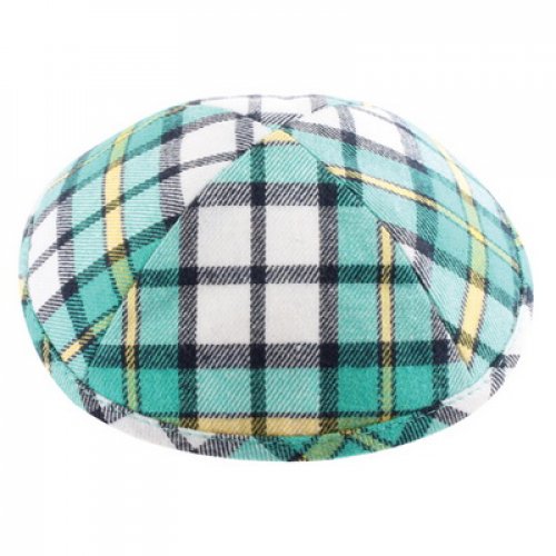 Turquoise, Yellow and White Cotton Fabric Kippah - Checkered Design