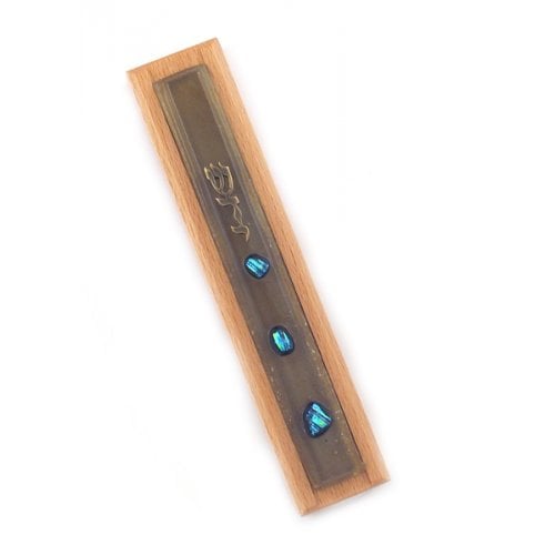 Two Tone Wood Mezuzah with blue Glass Decorations