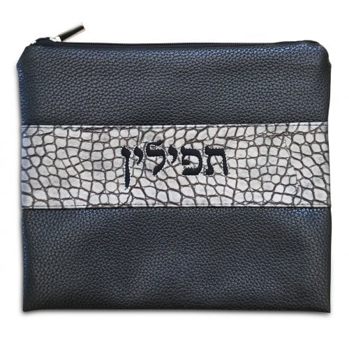 Two-Tone Black and Gray Faux Leather Tallit and Tefillin Bag - Crocodile Design