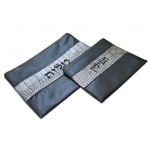 Two-Tone Black and Gray Faux Leather Tallit and Tefillin Bag - Crocodile Design