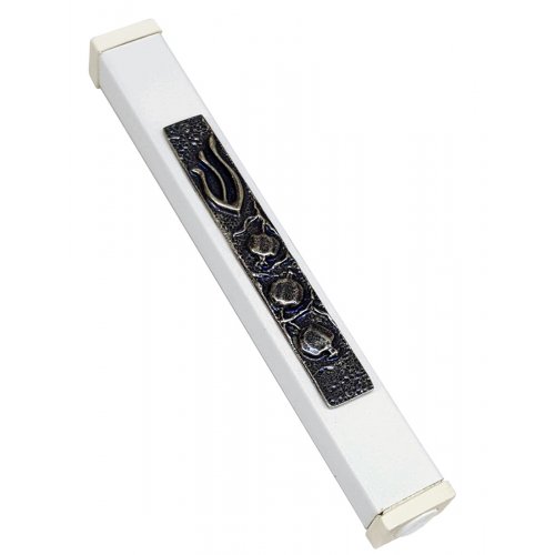 White Aluminum Mezuzah Case Decorative Shin - Pomegranates