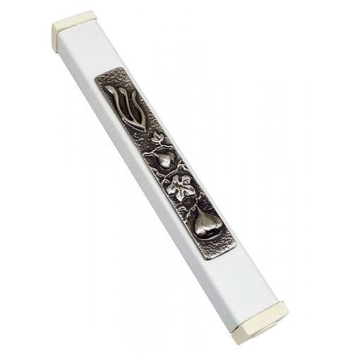 White Aluminum Mezuzah Case Elongated Shin - Figs Motif