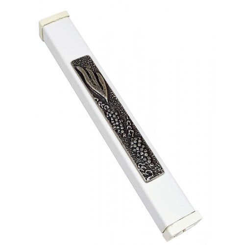 White Aluminum Mezuzah Case Elongated Shin - Grape Clusters