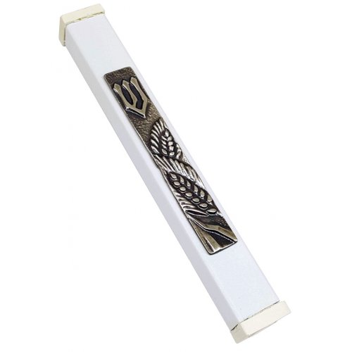 White Aluminum Mezuzah Case Ornate Shin - Wheat Motif