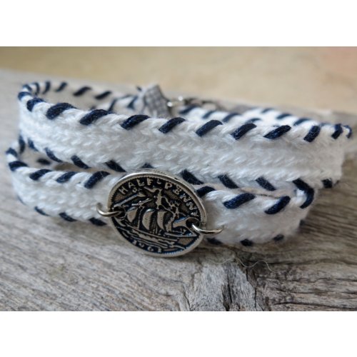 White Cord Bracelet for Men with Coin Element