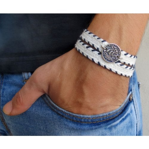 White Cord Bracelet for Men with Coin Element - Only 1 In Stock