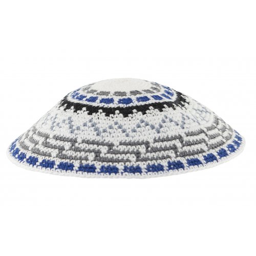 White DMC Knitted Kippah with Green-Gray, Blue and White Geometric Design