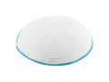 White DMC Knitted Kippah with Thin Light Blue Border Stripe