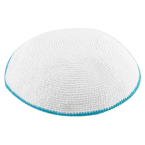 White DMC Knitted Kippah with Thin Light Blue Border Stripe