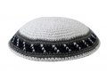 White Knitted Cotton Kippah with Gray Stripes Border Design