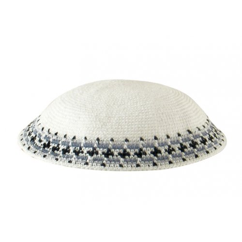 White Knitted DMC Kippah - Gray-Blue-Black Rim