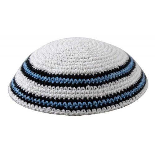 White Knitted Kippah with Blue, Black and White Border Stripes