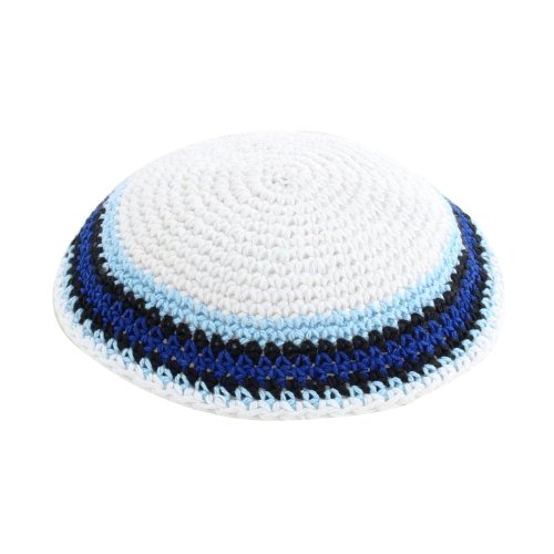 White Knitted Kippah with Blue and Light Blue Border Stripes