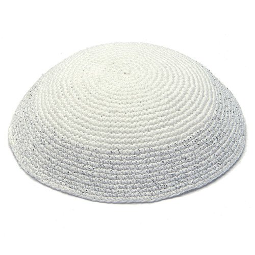 White Knitted Kippah with Elegant Silver Border