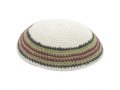 White Knitted Kippah with Green and Maroon Border Stripes