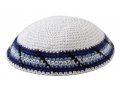 White Knitted Kippah with Light Blue Stripes