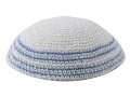 White Knitted Kippah with Light Blue Stripes