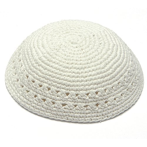 White Knitted Kippah with White Crocheted Border Design