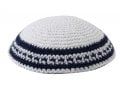 White Knitted Kippah with White and Blue Border Stripes