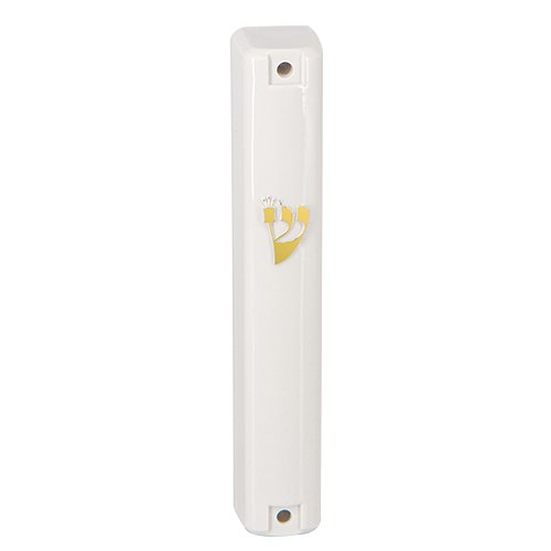 White Plastic Lucite Mezuzah Case with Gold Shin Letter - Various Lengths