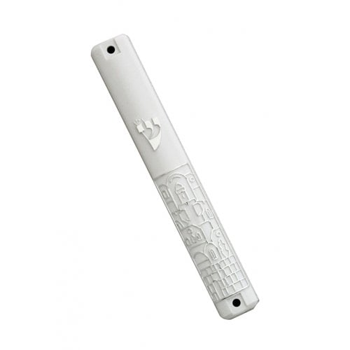 White Plastic Mezuzah Case with Silver Jerusalem Design - Silver Shin