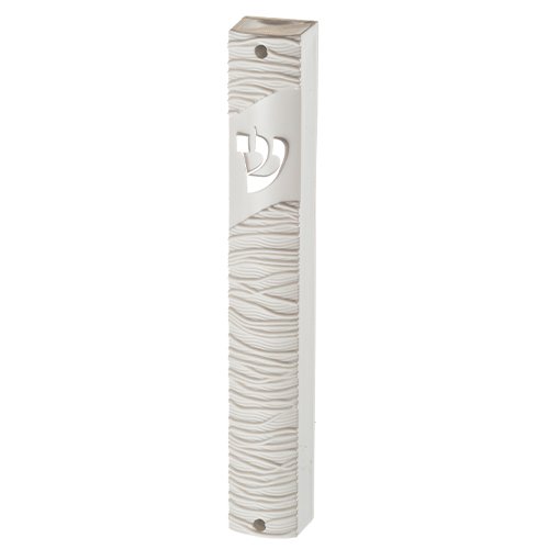 White Plastic Mezuzah Case with Thread Design - Silver Shin