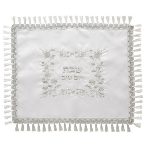 White Satin Challah Cover, Silver Embroidery - Floral Design