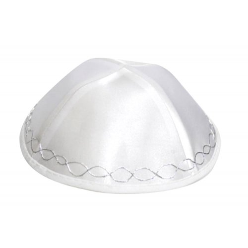 White Satin Kippah Decorated with silver border