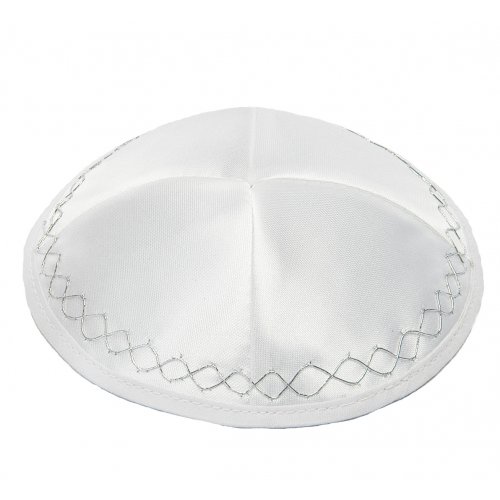 White Satin Kippah With Silver Geometric Border Design