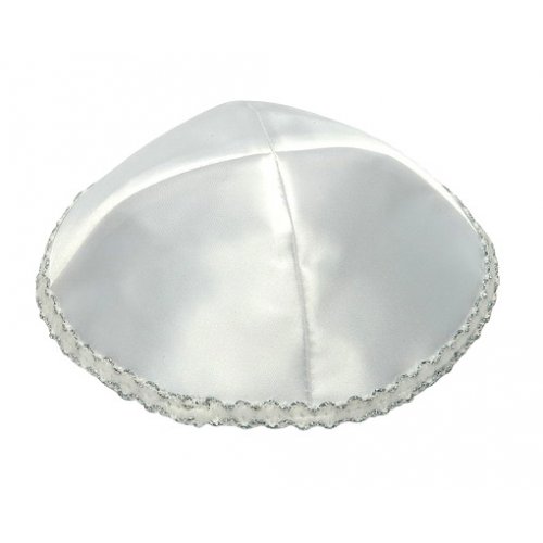 White Satin Kippah with silver strip