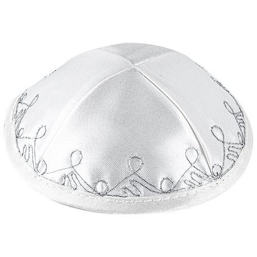 White Terylene Kippah with silver border design