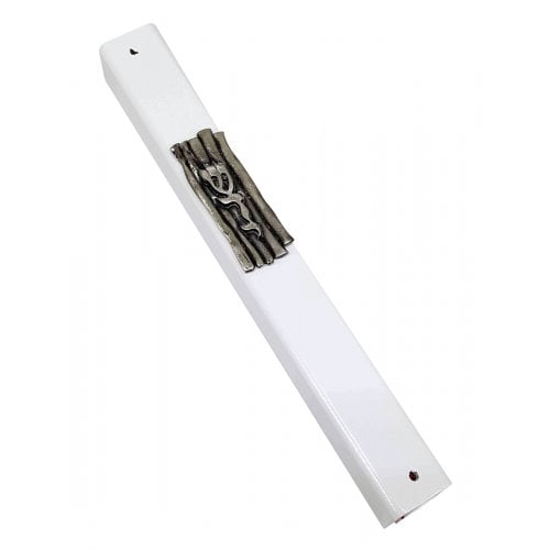 White Wood Mezuzah Case, Decorative Pewter Plaque with Divine Name