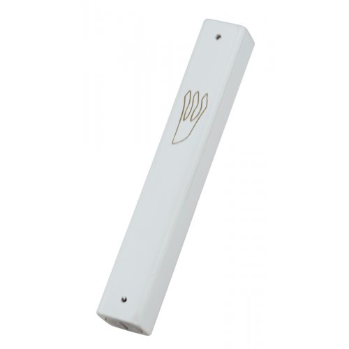 White Wood Mezuzah Case with Gold Shin Outline