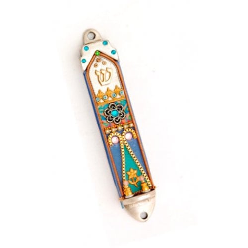 White and Turquoise Oriental Mezuzah Case