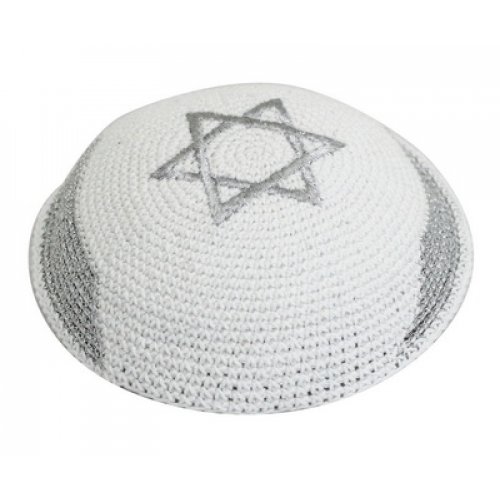 White-Silver Knitted Kippah with Silver Israel Flag Design