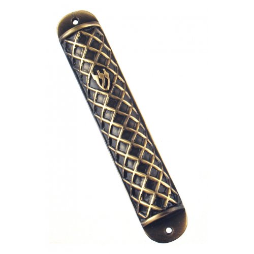 Wide Round Pewter Mezuzah Case  gold criss-cross Design