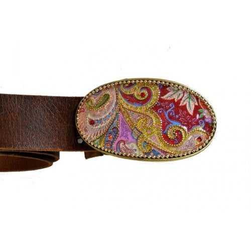 Woman's Belt with Colorful Paisley Design Buckle by Iris Design