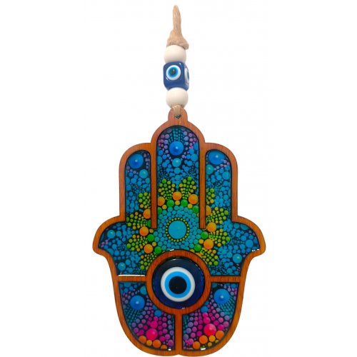 Wood Hamsa Wall Hanging for Protection from Evil Eye - Colorful Pop Art Design