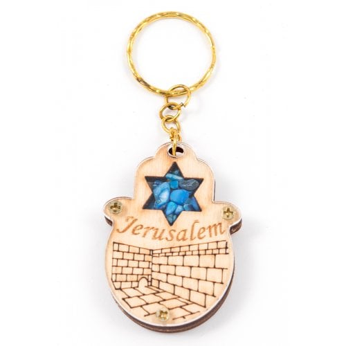 Wood Jerusalem Keychain with Semi Precious Stones - Star of David and Kotel