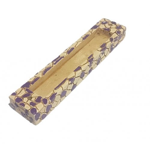 Wood Mezuzah Case with Mosaic Design  Purple and Yellow with Gold Shin