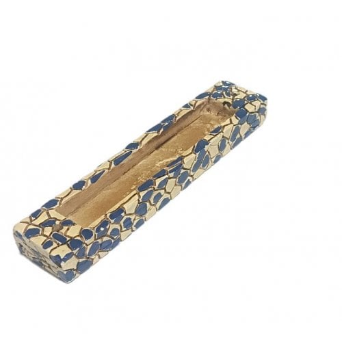 Wood Mezuzah Case with Mosaic Design, Blue and Cream - Gold Shin