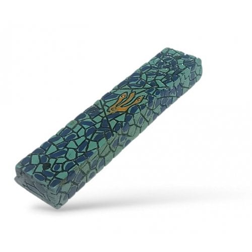 Wood Mezuzah Case with Mosaic Design, Dark Blue on Turquoise - Gold Shin