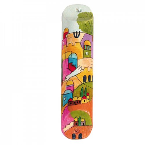 Yair Emanuel - Large Hand Painted Wood Mezuzah Case, Dove over Jerusalem