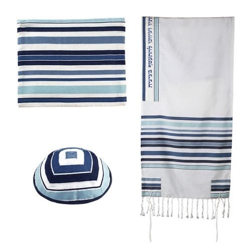 Yair Emanuel 3-Piece Tallit Set, Blue Stripes