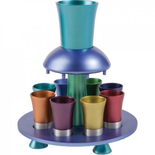 Yair Emanuel Aluminum Kiddush Fountain with Goblet, 8 Cups & Tray - Multicolored